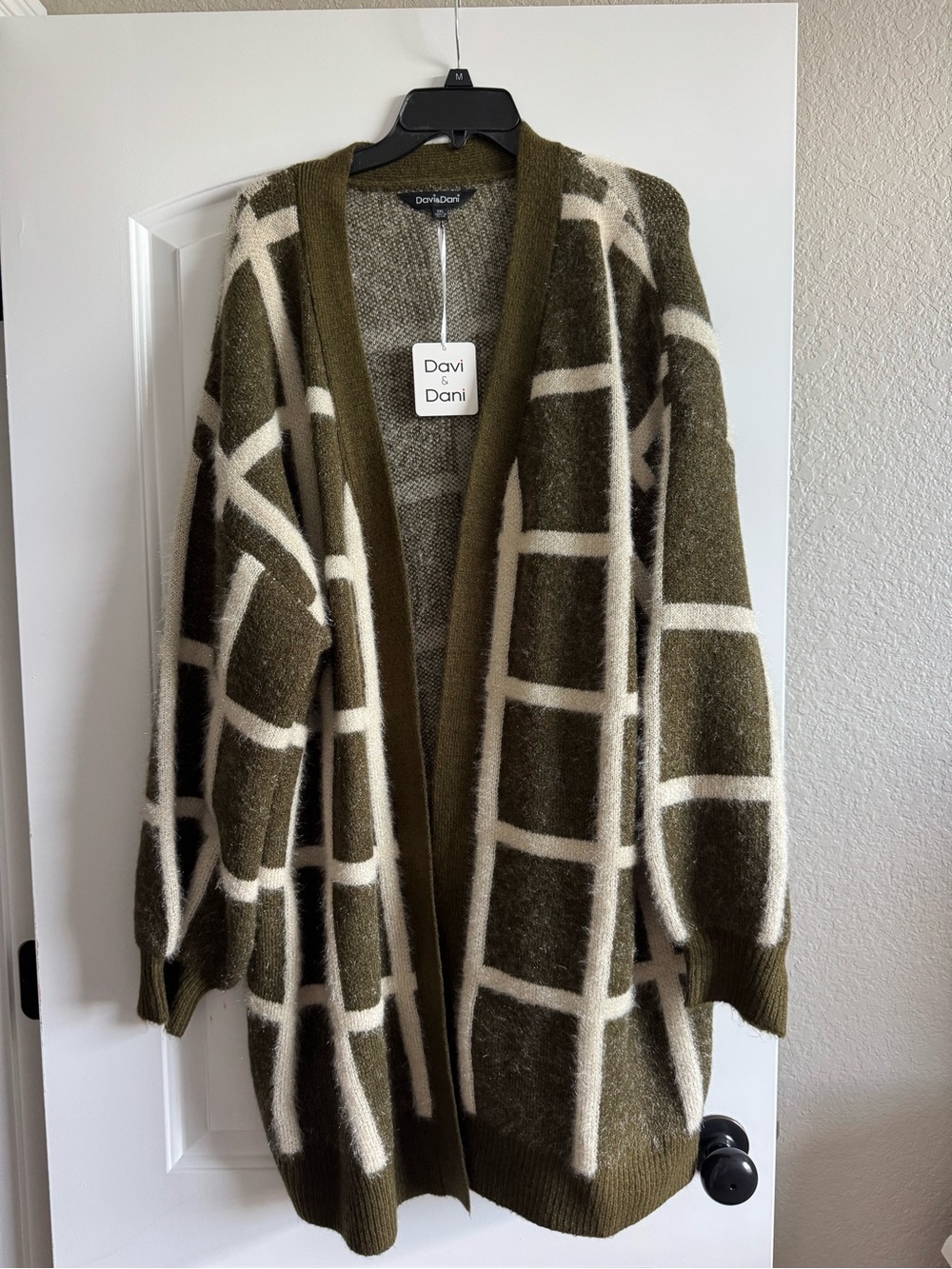DAVI & DANI Olive and Cream Windowpane Open-Front Cardigan